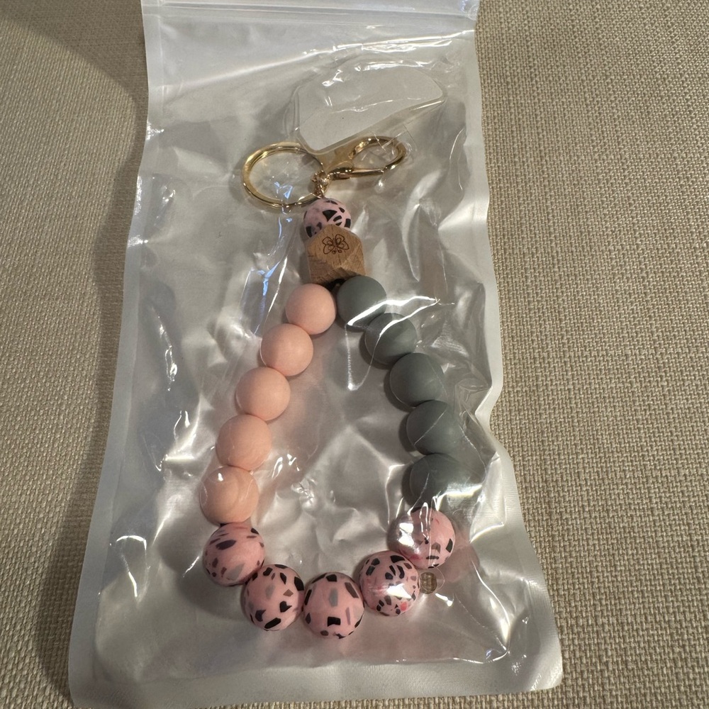 Pink and Gray Beaded Keychain Bracelet
